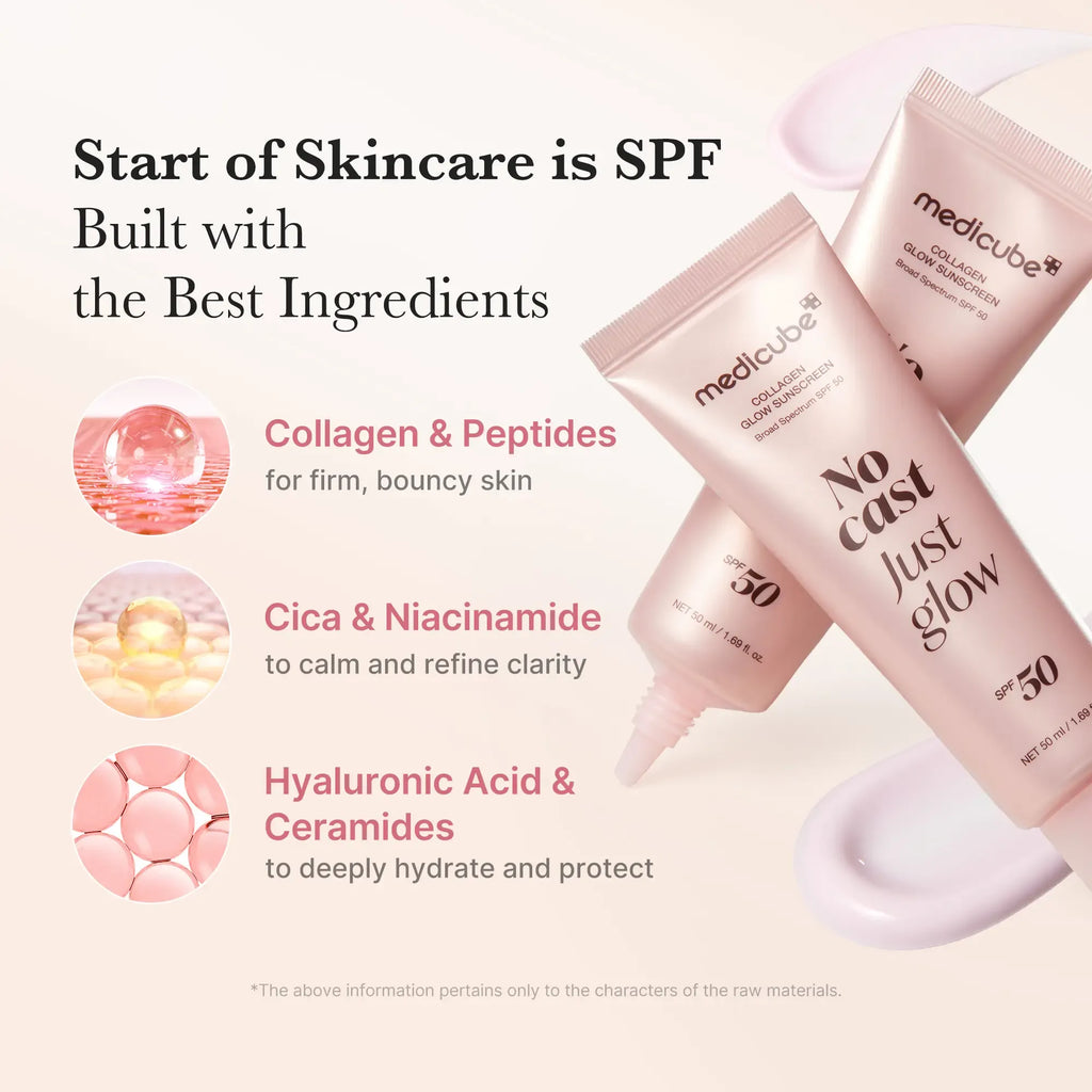 No Cast Just Glow Collagen Sunscreen | SPF 50 Broad Spectrum Face Sunscreen | Lightweight, Non-Sticky, Hydrating Formula | No White Cast or Residue | Peptide, Cica for Soothing & Natural Glow