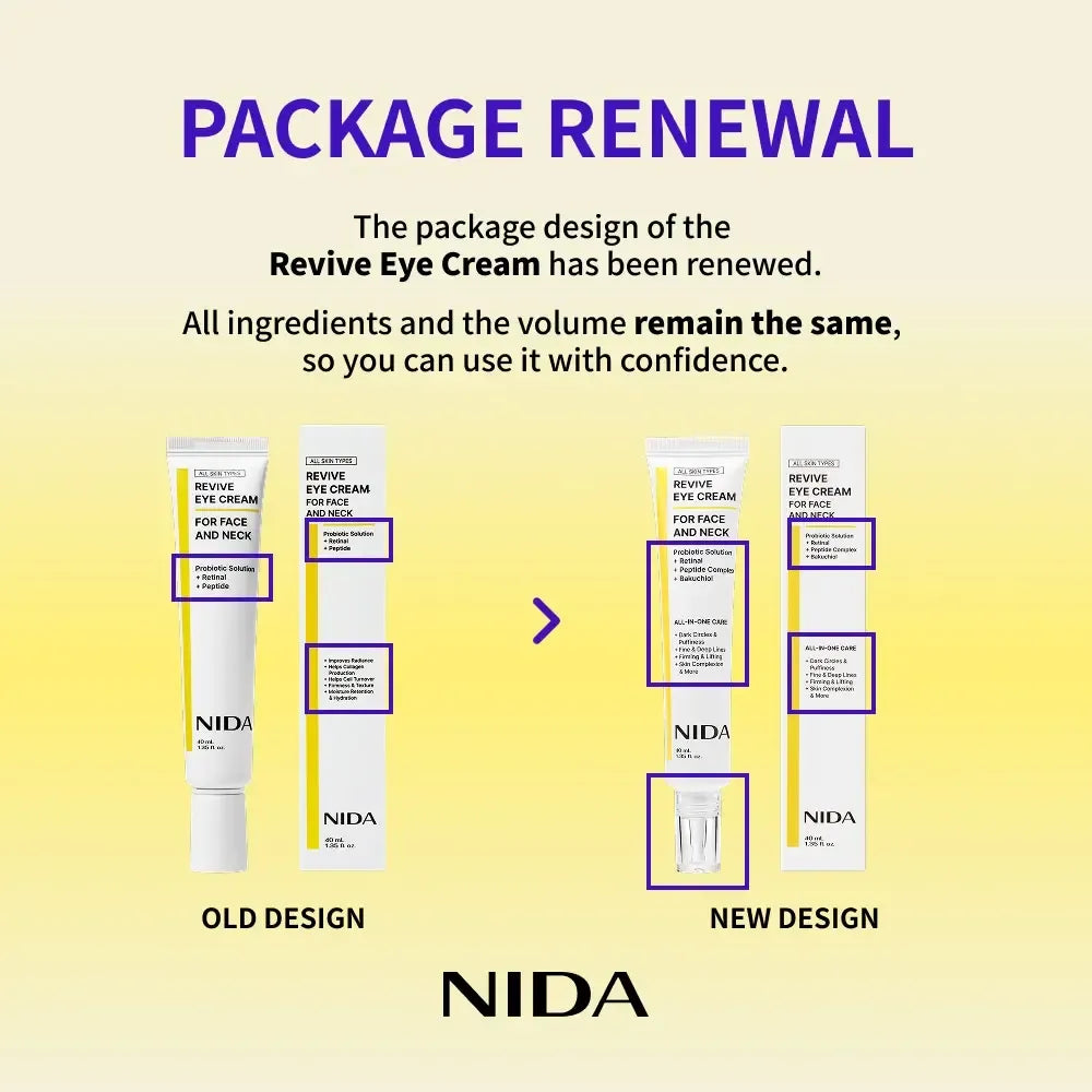 NIDA Revive Eye Cream For Face And Neck (40mL) / Probiotic Solution, Retinal, Peptide / Wrinkles, Fine Lines, Aging Skin