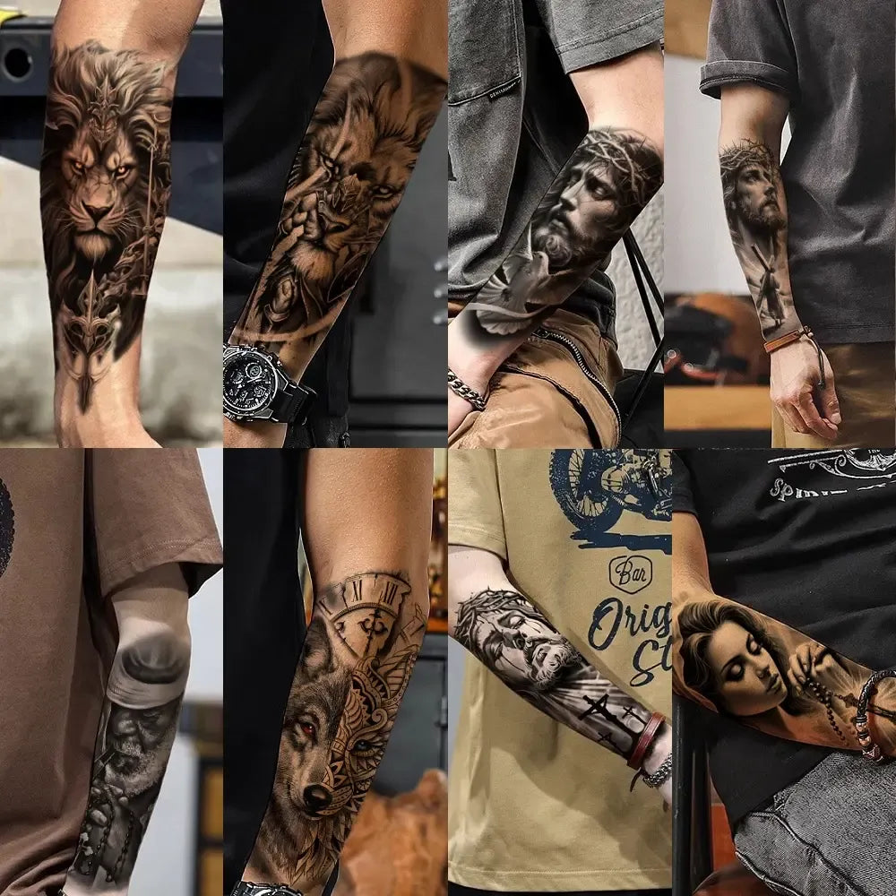 76 Sheets Large Black Temporary Tattoo Stickers - Tribal Wolves, Tigers, Lions, Snakes, Skulls, 12 Fake Tattoo Stickers for Men & Women Arm Designs