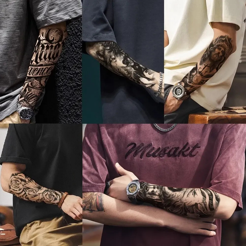 76 Sheets Large Black Temporary Tattoo Stickers - Tribal Wolves, Tigers, Lions, Snakes, Skulls, 12 Fake Tattoo Stickers for Men & Women Arm Designs