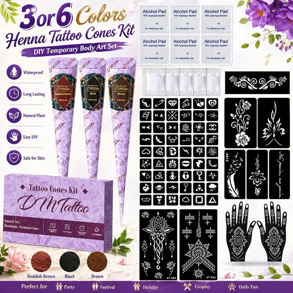 Henna Tattoo Kit 3/6 Colors, DIY Body Art Set with Stencils, Waterproof Temporary Ink, Natural Safe Formula for Party Festival Use