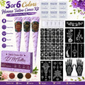 Henna Tattoo Kit 3/6 Colors, DIY Body Art Set with Stencils, Waterproof Temporary Ink, Natural Safe Formula for Party Festival Use