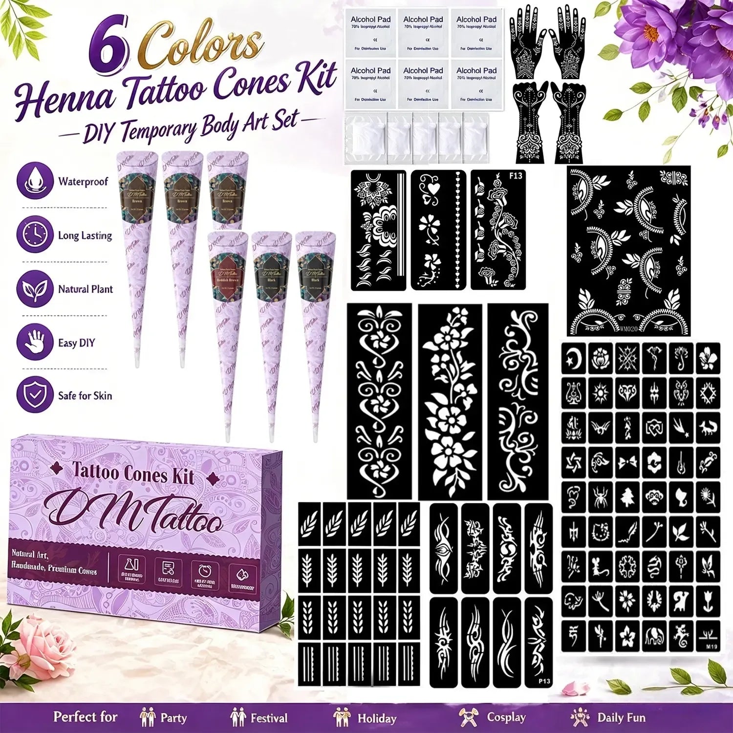 Henna Tattoo Kit 3/6 Colors, DIY Body Art Set with Stencils, Waterproof Temporary Ink, Natural Safe Formula for Party Festival Use