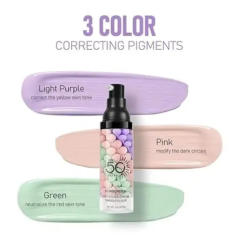 3-in-1 Color Correcting Facial Serum, Moisturizing Primer, , SPF 50 PA+++, Brightening Primer for Even Skin Tone, Oil Control & Refreshing, Purple, Pink & Green Tones