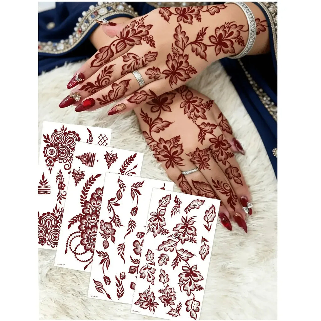 4 pcs Burgundy Sexy Floral Tribal Toe & Hand Temporary Tattoo Stickers, Temporary Fake Tattoos, Waterproof Flower Tattoos for Women, Temporary Tattoo Kit for Weddings and Parties
