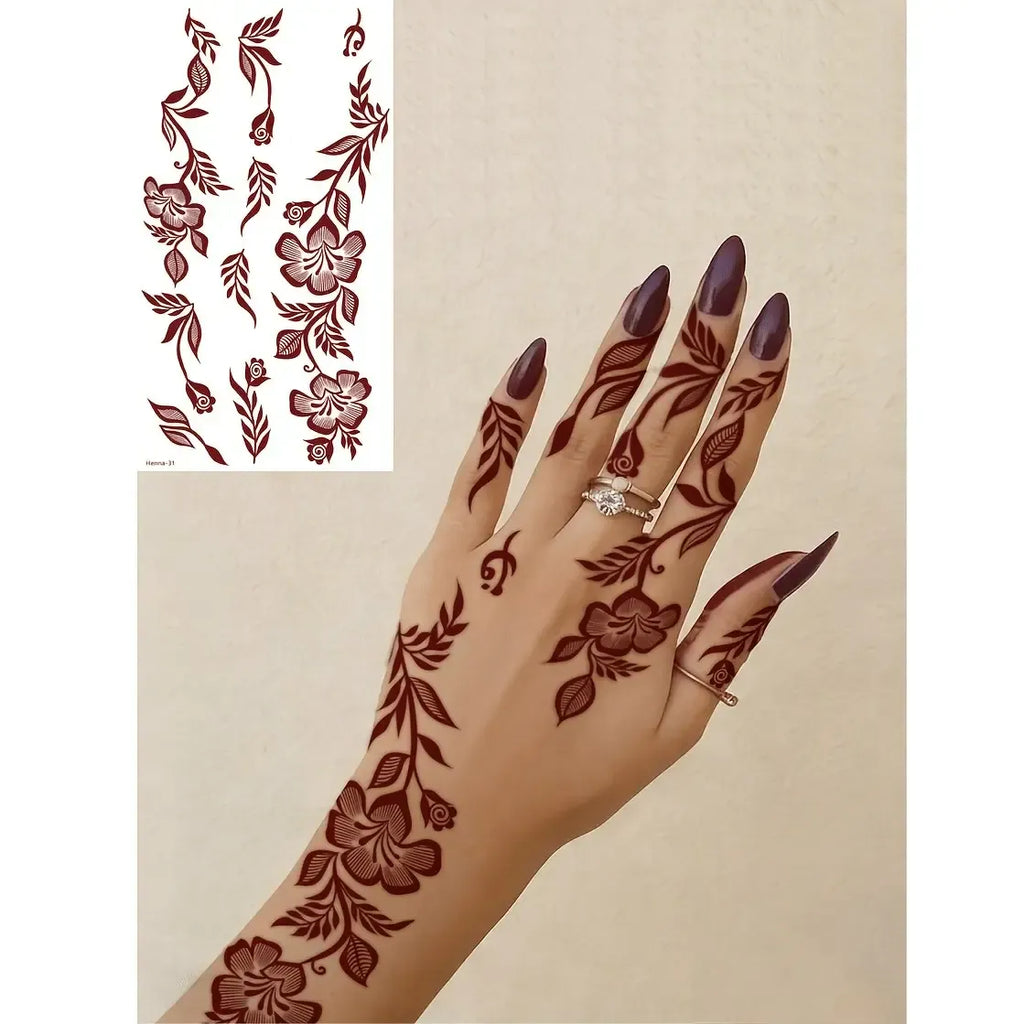 4 pcs Burgundy Sexy Floral Tribal Toe & Hand Temporary Tattoo Stickers, Temporary Fake Tattoos, Waterproof Flower Tattoos for Women, Temporary Tattoo Kit for Weddings and Parties