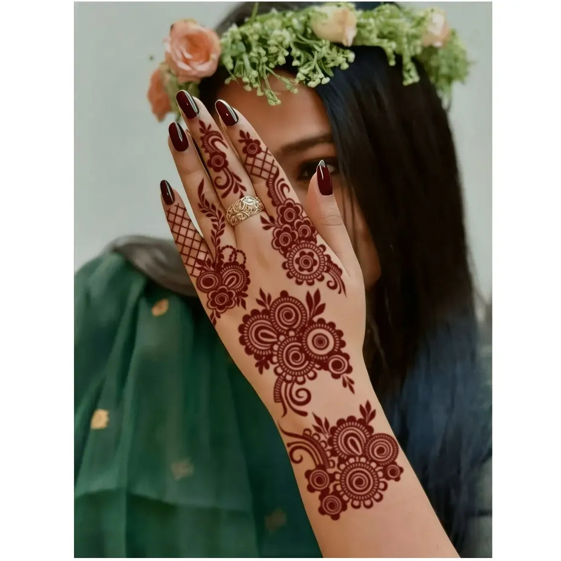 4 pcs Burgundy Sexy Floral Tribal Toe & Hand Temporary Tattoo Stickers, Temporary Fake Tattoos, Waterproof Flower Tattoos for Women, Temporary Tattoo Kit for Weddings and Parties