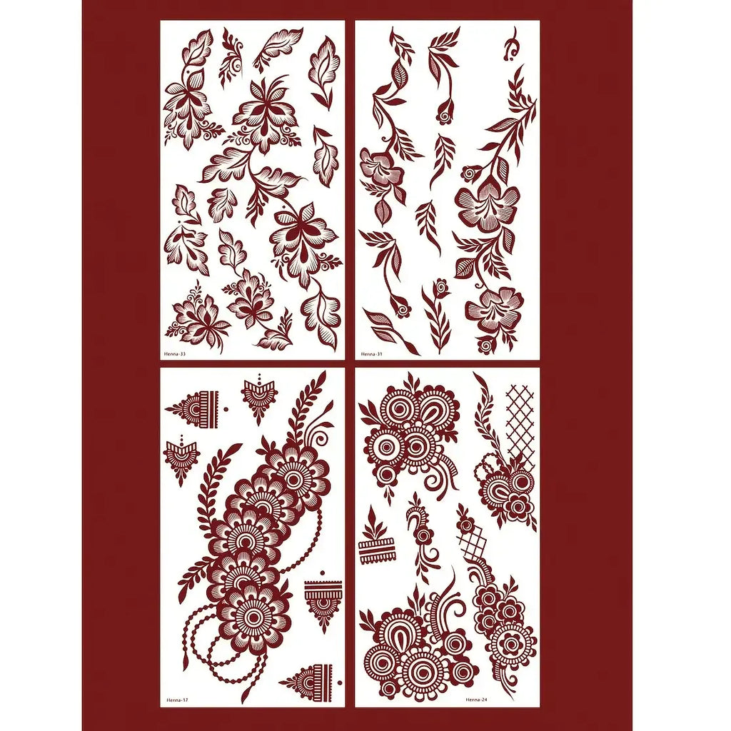 4 pcs Burgundy Sexy Floral Tribal Toe & Hand Temporary Tattoo Stickers, Temporary Fake Tattoos, Waterproof Flower Tattoos for Women, Temporary Tattoo Kit for Weddings and Parties