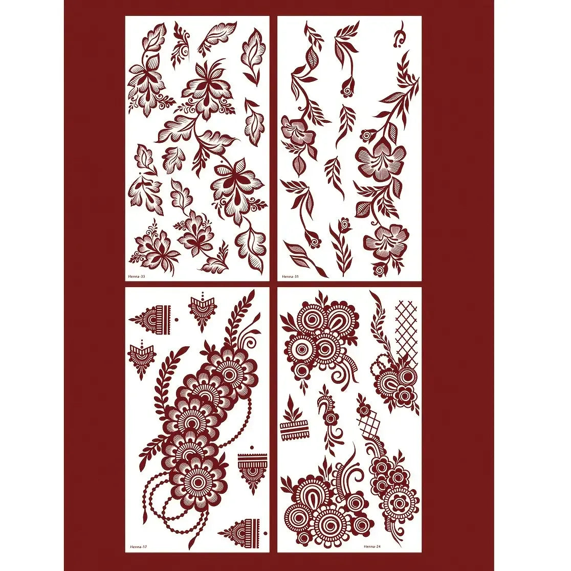 4 pcs Burgundy Sexy Floral Tribal Toe & Hand Temporary Tattoo Stickers, Temporary Fake Tattoos, Waterproof Flower Tattoos for Women, Temporary Tattoo Kit for Weddings and Parties