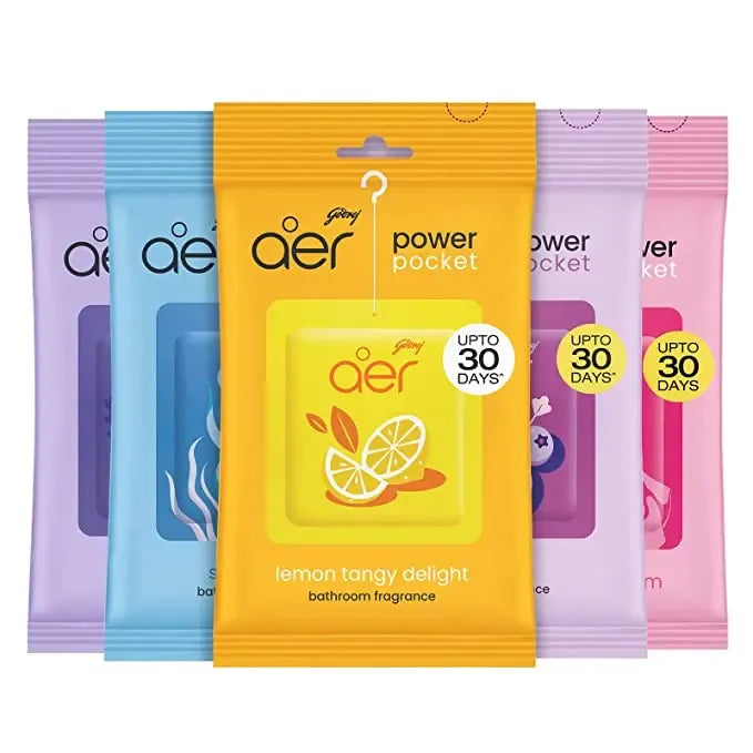 Godrej Aer Power Pocket, Hanging Air Freshener, Assorted Pack of 5, Scented Pack Colorful, [Lemon, Rose, Fresh, Berry, Lavender]