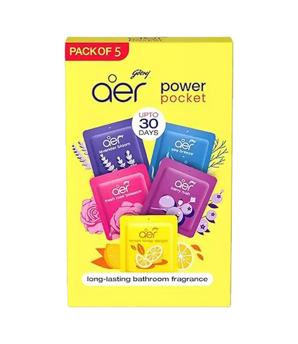 Godrej Aer Power Pocket, Hanging Air Freshener, Assorted Pack of 5, Scented Pack Colorful, [Lemon, Rose, Fresh, Berry, Lavender]